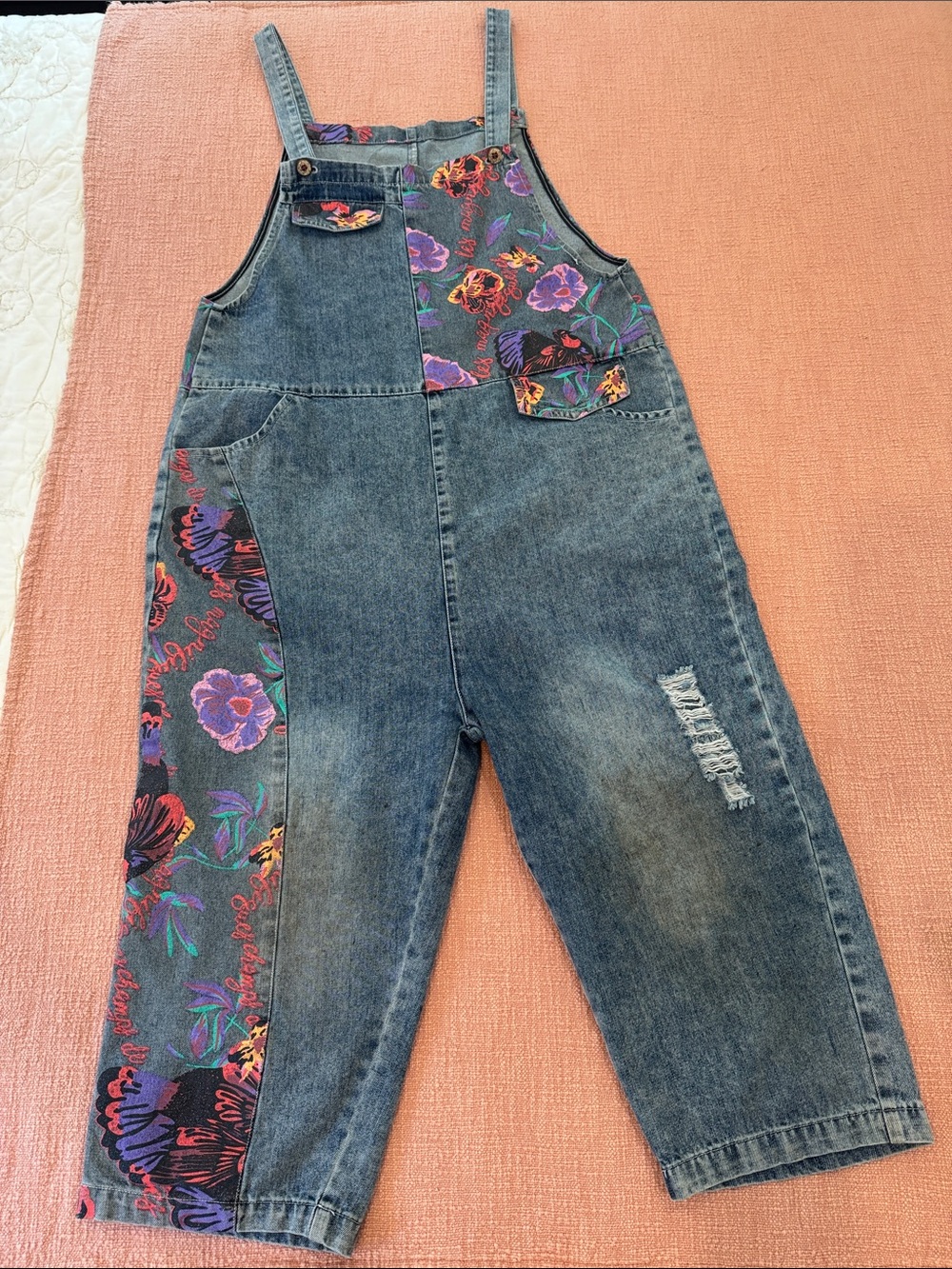 Vintage Floral print Denim Women's Overalls - distressed